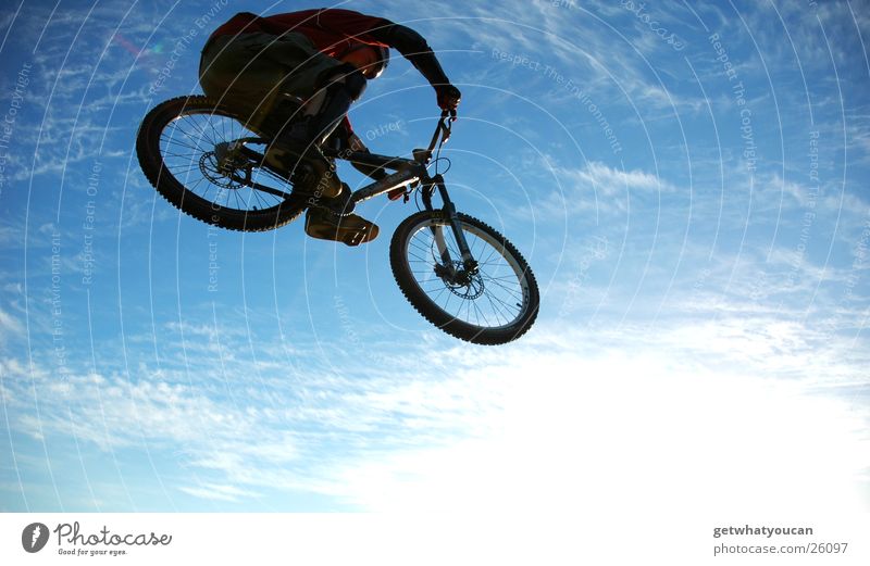Die Radel gen Süden zieh'n Fahrrad Licht Sportpark Helm Unschärfe springen Ferne Extremsport Himmel hell Sonne Abend Silouette Bewegung Fug Mut hoch