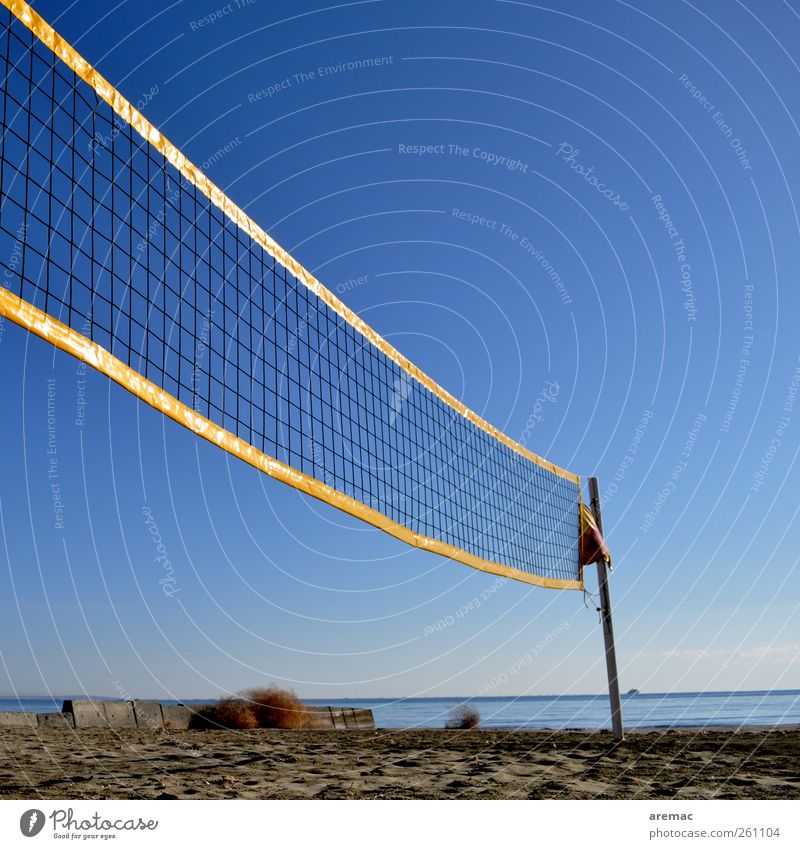 Nachsaison Sport Ballsport Volleyball Volleyballnetz Volleyballfeld Sand Himmel Wolkenloser Himmel Herbst Schönes Wetter Strand Spielen Farbfoto Außenaufnahme