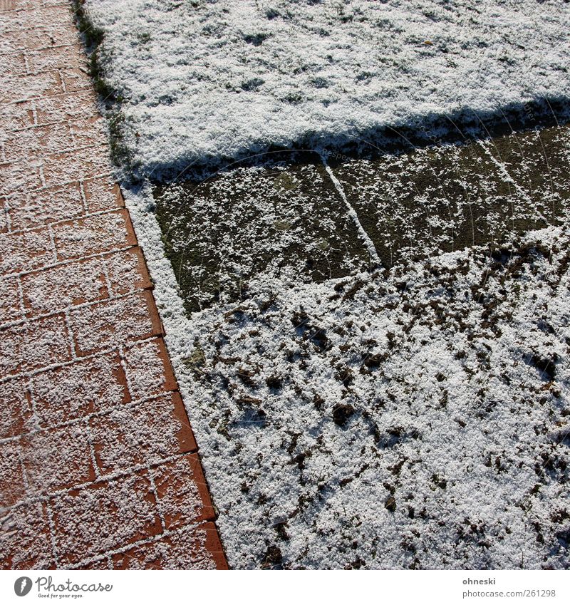 Kontraste Winter Eis Frost Schnee Garten Wiese Menschenleer Wege & Pfade Pflastersteine Stein Linie kalt Farbfoto Außenaufnahme abstrakt Muster