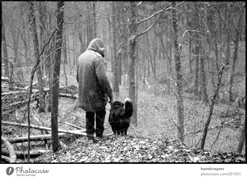Gefährten Mensch maskulin Mann Erwachsene 1 Umwelt Natur Landschaft Pflanze Baum Sträucher Wald Tier Haustier Hund wandern Stimmung Tierliebe Parka Kapuze