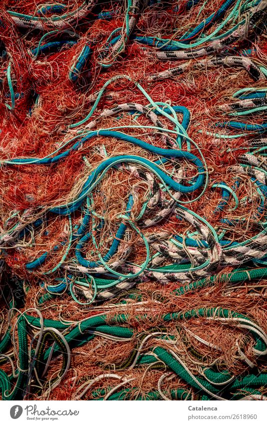 Wirrwarr von bunten Seilen in einem roten Fischernetz Fischereiwirtschaft Fischerboot Meer Fischnetz Netz Schleppnetzfischerei Kunststoff mehrfarbig bedrohlich