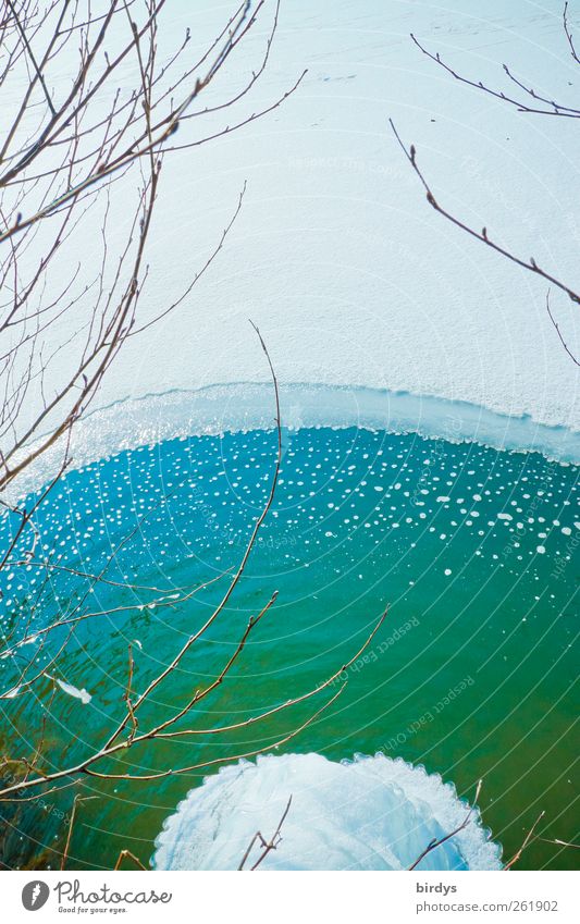 teilweise offene, halbrunde Eisfläche auf einem See. Klimawandel, Erderwärmung Wasser Winter Frost Schnee Teich Tauwetter ästhetisch Freundlichkeit frisch kalt