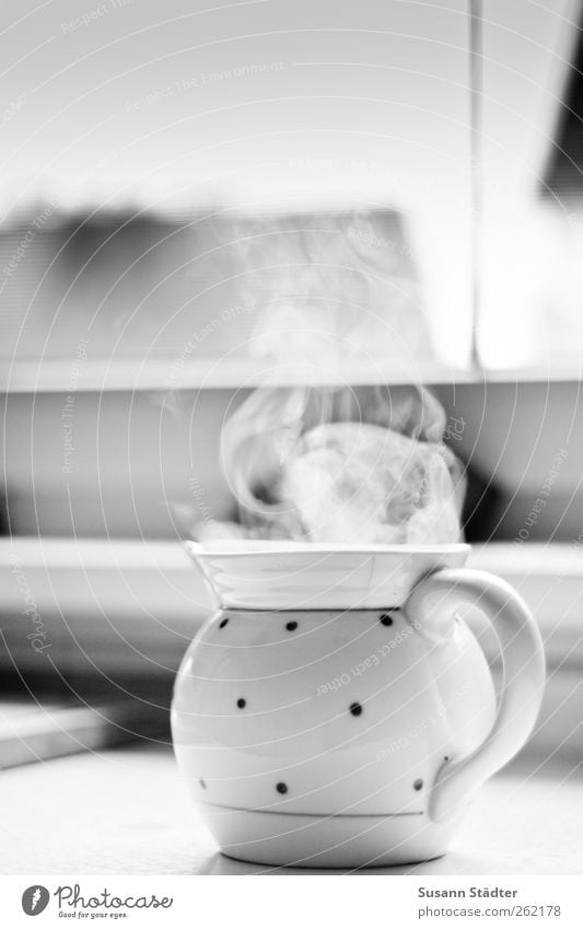 teatime Getränk Heißgetränk Trinkwasser Tee Duft Wasserdampf Dunst Teekanne Teebeutel Teetrinken Porzellan Fenster Fensterbrett Küchentisch Schwarzweißfoto