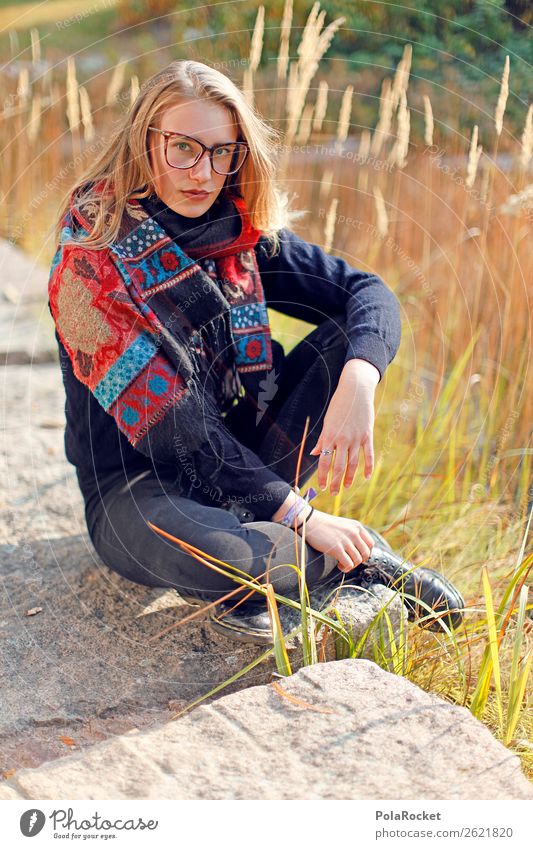 #A# AmSee 1 Mensch ästhetisch Mode Model Modellfigur Frau Natur Außenaufnahme Schönes Wetter sitzen Farn Blick Erholung Schal Teich Farbfoto Gedeckte Farben