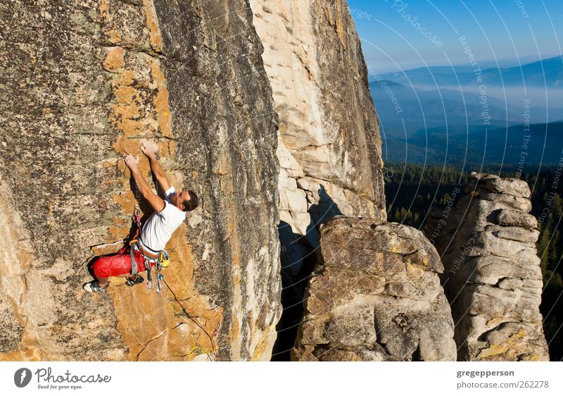 Kletterer, der sich an eine Klippe klammert. Leben Abenteuer Klettern Bergsteigen Seil Mann Erwachsene 1 Mensch 18-30 Jahre Jugendliche Felsen sportlich