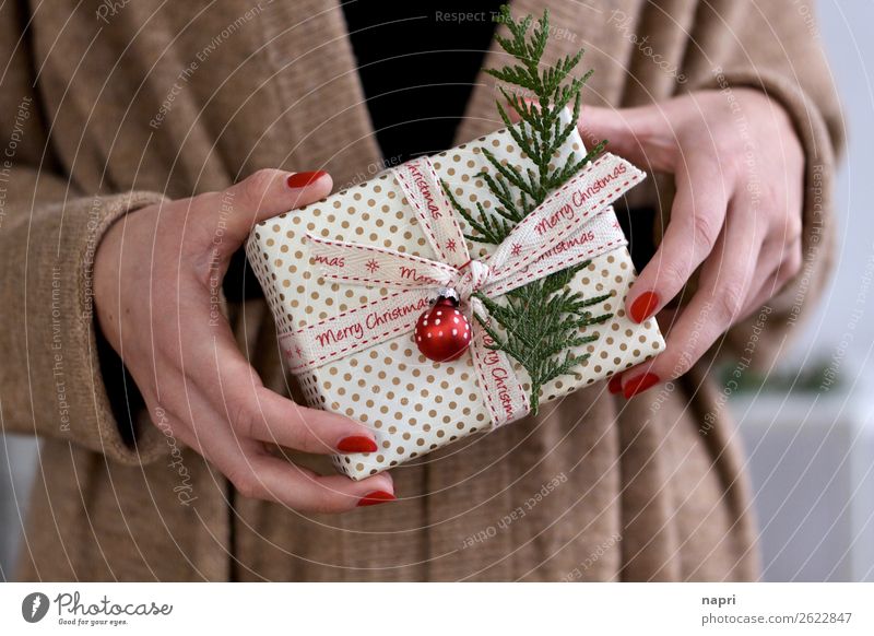 Frauenhände halten Weihnachtspäckchen I Weihnachten & Advent Schleife Paket Vorfreude Zusammensein Idee Handel Geschenk Merry Christmas festhalten