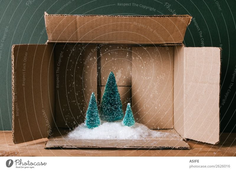 Weihnachten in einer Schachtel Winter Schnee Dekoration & Verzierung Feste & Feiern Weihnachten & Advent Post Schneefall Baum Rudel Paket Holz lustig braun grün