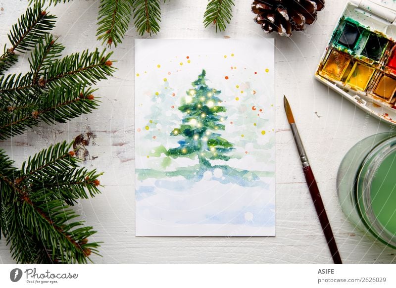 Malen eines Aquarells Weihnachtskarte Design Freizeit & Hobby Handarbeit Schnee Dekoration & Verzierung Tisch Handwerk Baum Papier Holz weiß Kreativität