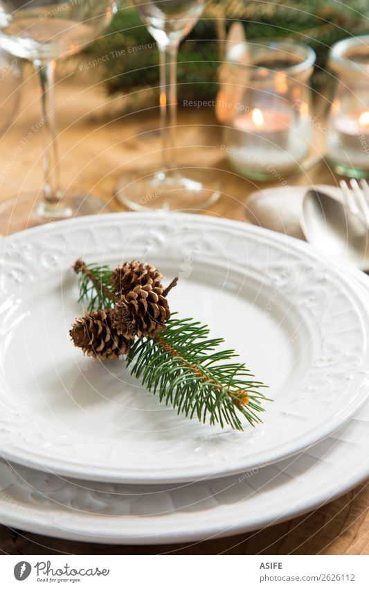 Natürliche Ornamente für das Weihnachtsessen Abendessen Teller Besteck elegant Stil Design Winter Dekoration & Verzierung Tisch Restaurant Feste & Feiern