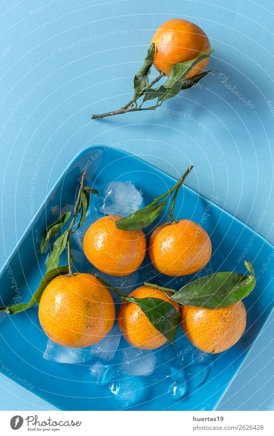 Frische Mandarinen in der Saison. Lebensmittel Frucht Orange Vegetarische Ernährung Diät Saft Gesunde Ernährung Kunst frisch natürlich blau grün Zitrusfrüchte