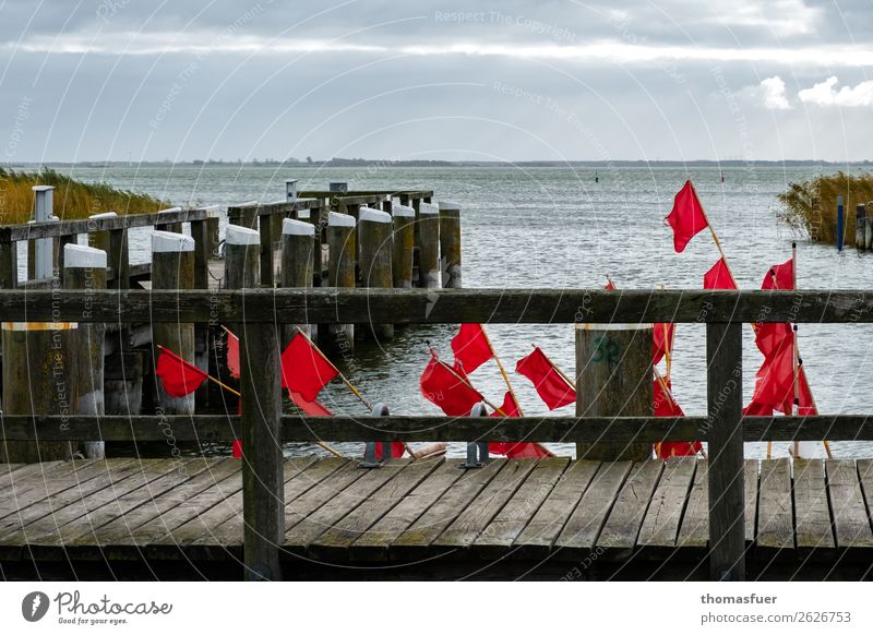 Bootsanleger, Hafen, grauer Himmel, Meer, rote Fischerfahnen Angeln Ausflug Ferne Strand Insel Wellen Fischereiwirtschaft Landschaft Wolken Horizont