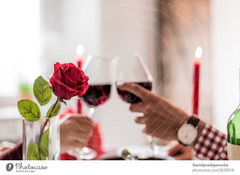 Junges glückliches Paar, das den Valentinstag mit einem Abendessen zu Hause feiert, Wein trinkt und prost. Alkohol schön Freund Gast Zuprosten trinken Essen