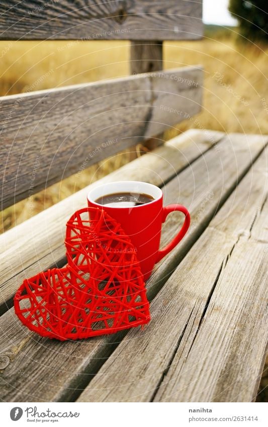 Eine Tasse Kaffee und ein Herz auf einer Holzbank Frühstück Getränk Heißgetränk Tee Becher Lifestyle Stil Design Schönes Wetter frisch Gesundheit gut