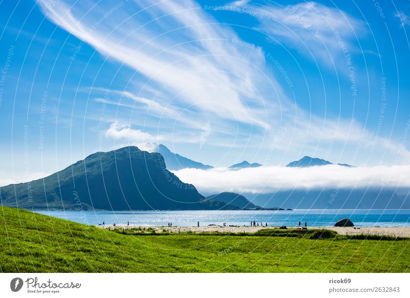 Haukland Beach auf den Lofoten in Norwegen Erholung Ferien & Urlaub & Reisen Tourismus Strand Meer Berge u. Gebirge Natur Landschaft Wasser Wolken Gras Wiese