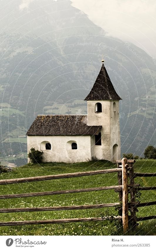 Kirchlein auf Hügel II Umwelt Natur Landschaft Sommer schlechtes Wetter Nebel Wiese Berge u. Gebirge Meran Bundesland Tirol Südtirol Kirche alt braun grün Güte