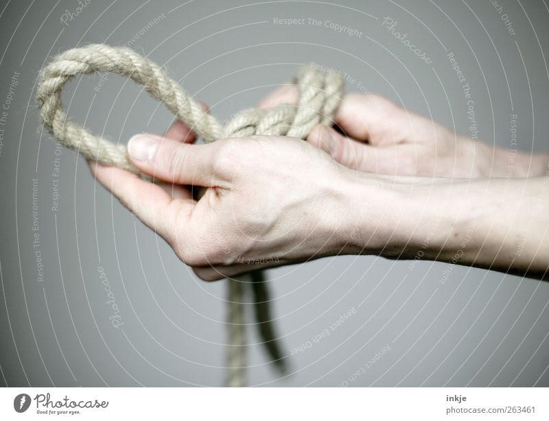NippeldurchdieLasche.... Hand 1 Mensch Seil Knoten Schleife Schlaufe festhalten machen Beginn Genauigkeit kompetent komplex Konzentration Präzision Zusammenhalt