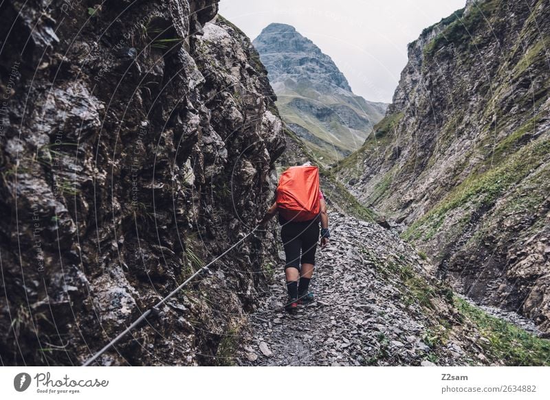 Aufstieg zur Kemptner Hütte Abenteuer Berge u. Gebirge wandern Junge Frau Jugendliche 18-30 Jahre Erwachsene Natur Landschaft Wetter Felsen Alpen Rucksack