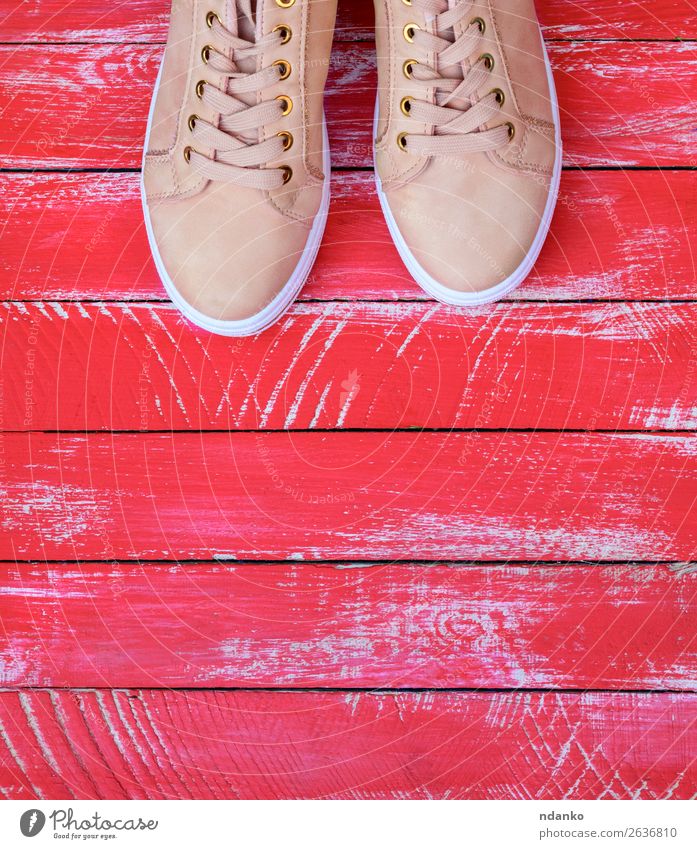 rosa Paar weibliche Leder-Sneakers mit Schnürung Lifestyle Stil Design Sport Joggen Mode Bekleidung Accessoire Schuhe Turnschuh Holz Fitness trendy modern neu