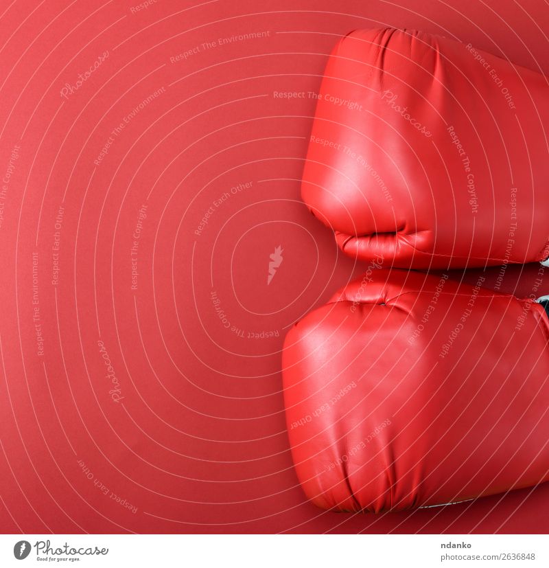 Paar rote Leder-Boxhandschuhe auf rotem Hintergrund Sport Handschuhe Fitness oben Schutz Farbe Idee Konkurrenz Kreativität Kasten Boxer Boxsport
