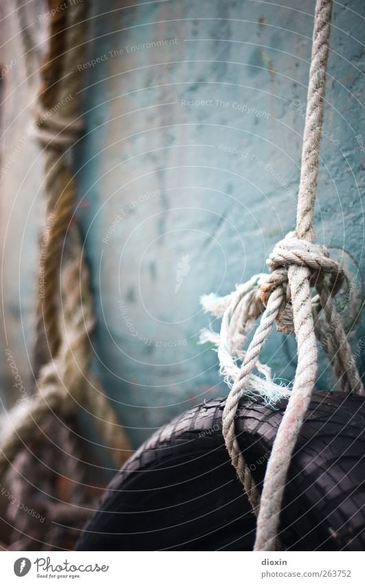 Bindung Fischerboot Wasserfahrzeug Seil alt hängen authentisch Verfall Vergangenheit Vergänglichkeit Knoten Reifen Reifenprofil Fender Schiffsrumpf ausgebleicht