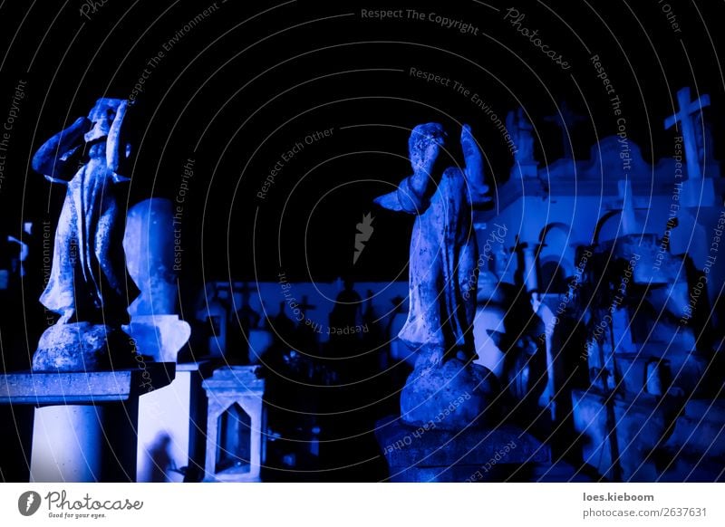Two Angel statues at blue lightened tombstones during dawn Halloween Sehenswürdigkeit Engel gruselig trist blau Tod Schmerz Religion & Glaube graveyard Mérida