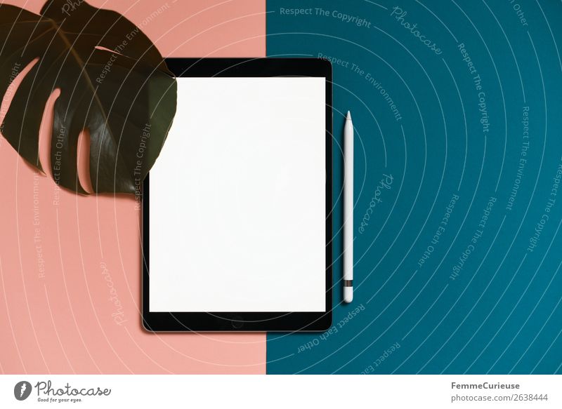 Tablet on salmon-colored and turquoise background Technik & Technologie Unterhaltungselektronik Fortschritt Zukunft Schreibwaren Papier ästhetisch
