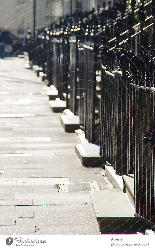 Antreten zum Appell Schönes Wetter London Großbritannien Stadt Treppe Gartenzaun Eingang Zaun Zaunpfahl Straße Bürgersteig Seitenstraße Gitter Metall Stahl