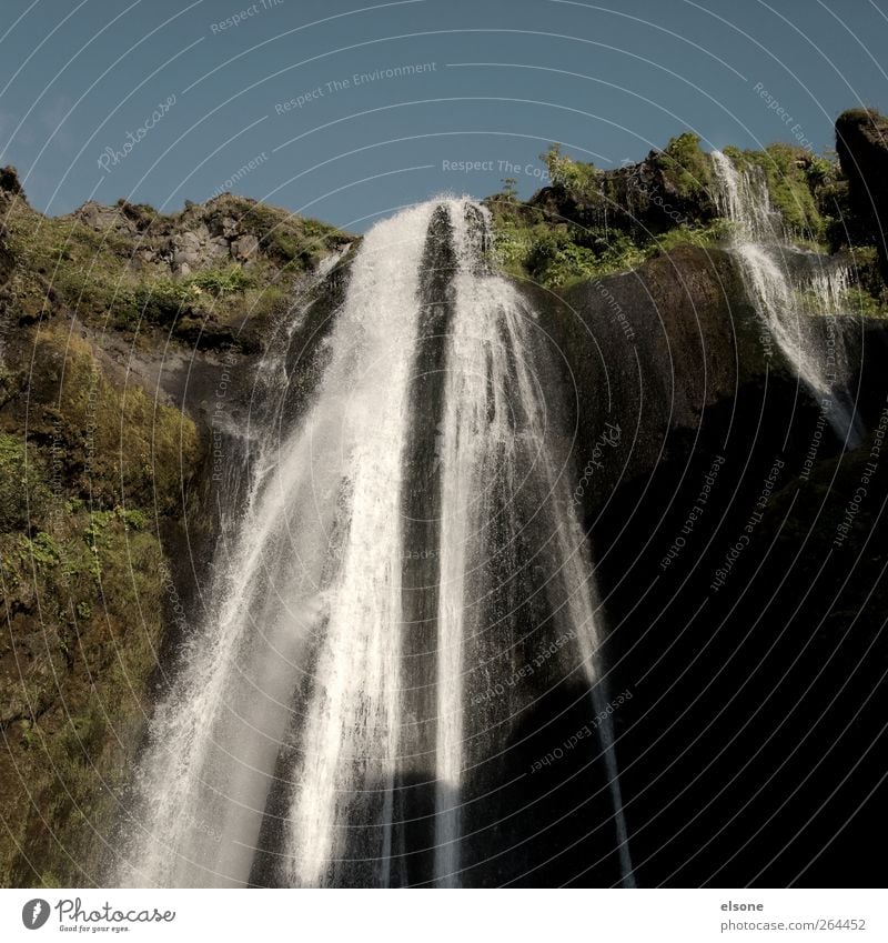 . Natur Landschaft Wasser Wolkenloser Himmel Sommer Schönes Wetter Moos Felsen Wasserfall seljalandsfoss nass blau grün schwarz Island Sonnenlicht Menschenleer