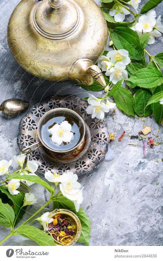 Grüner Tee mit Jasmin trinken Gesundheit Kräuterbuch Blume Tasse Getränk grün Türkisch Östlich altehrwürdig arabisch retro Ornament muslimisch Kannen islamisch