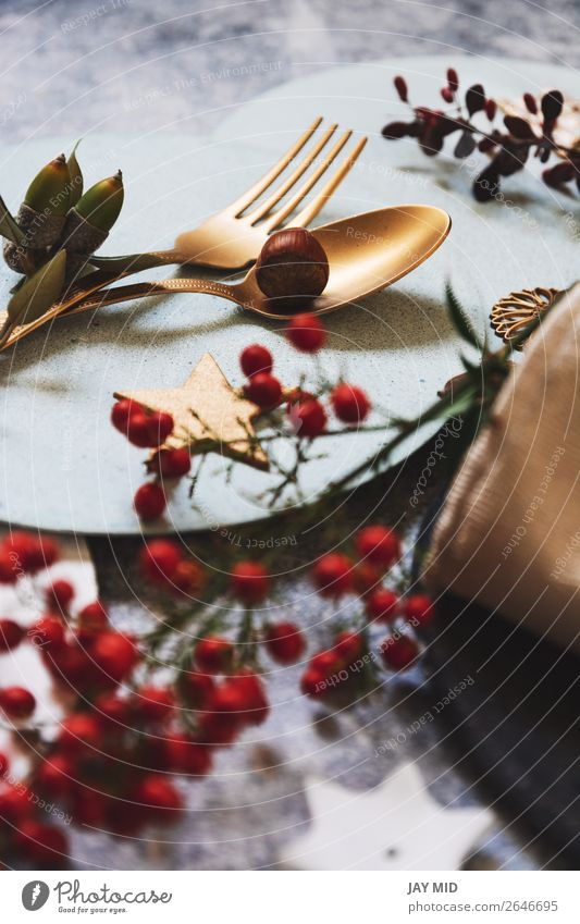 Weihnachts-Tischdecke, Goldbesteck und Nandinas Abendessen Teller Gabel Löffel Winter Dekoration & Verzierung Restaurant Erntedankfest Weihnachten & Advent