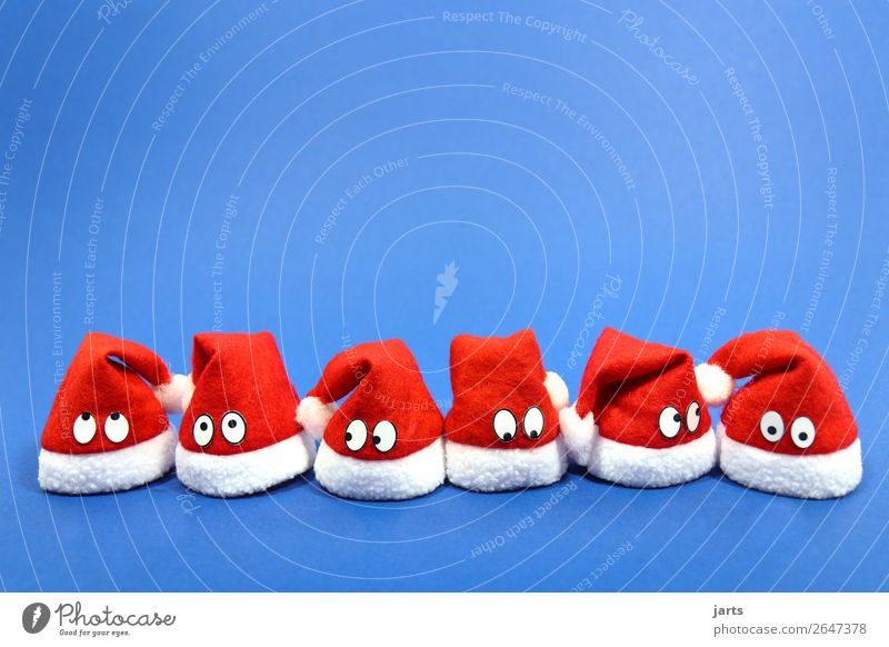 weihnachtsteam blau I Weihnachten & Advent Auge 6 Mensch Menschengruppe Mütze Blick lustig Neugier niedlich rot weiß staunen Denken Nikolausmütze Team warten