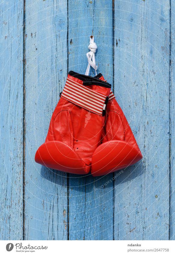 rote Lederboxhandschuhe hängen an einem Nagel Fitness Sport Sport-Training Handschuhe blau Kraft Schutz Farbe Konkurrenz Boxsport erhängen Gerät sportlich