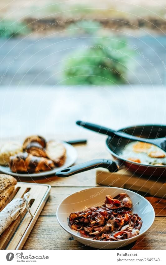 #AS# Erst mal Frühstück Lebensmittel Freude Pfanne Liebe Ei Speck Croissant Baguette Tisch gemütlich Vorbereitung genießen Glück Muster Überraschung