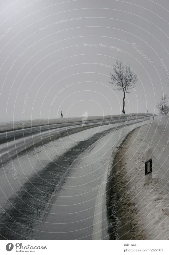 Vorsicht, Glatteis! Straße Winter schlechtes Wetter Regen Schnee Baum Verkehrswege Verkehrszeichen Straßenrand Kurve Biegung Landstraße Leitpfosten Fahrbahn
