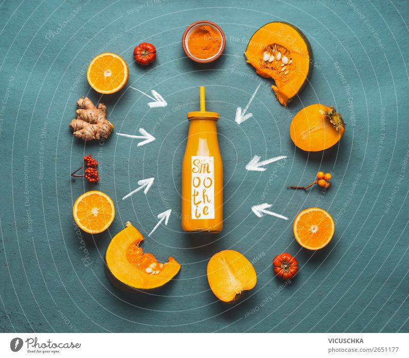 Orange Smoothie Zutaten Lebensmittel Gemüse Frucht Ernährung Bioprodukte Vegetarische Ernährung Diät Getränk Saft Flasche kaufen Stil Design Gesundheit