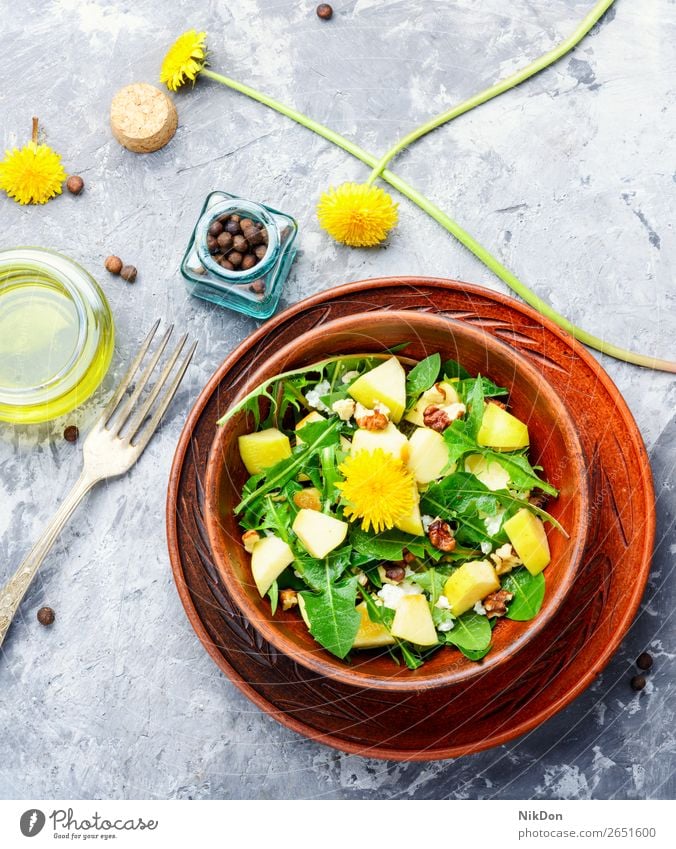 Vegetarischer Diät-Salat Salatbeilage Äpfel Blume Muttern Löwenzähne Frühling grün Vitamin Blatt Kraut frisch Lebensmittel Gemüse Gesundheit Vegetarier Teller