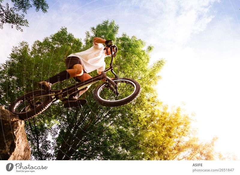 Junger Radfahrer am Rande eines Felsen, der bereit ist zu springen. Freiheit Sommer Berge u. Gebirge Sport Fahrradfahren Mann Erwachsene Natur Baum Wald frei