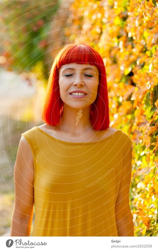 Schöne rothaarige Frau mit geschlossenen Augen in einem Park. Lifestyle Stil Glück schön Haare & Frisuren Gesicht Wellness ruhig Sommer Mensch Erwachsene Natur