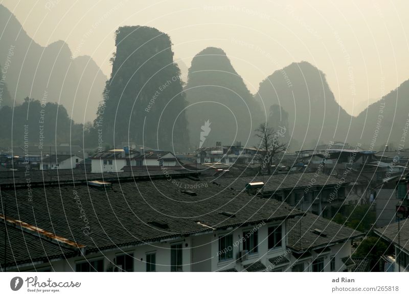 guten morgen, Yangshuo Natur Landschaft Wolkenloser Himmel Wald Hügel Felsen Gipfel China Guilin Stadt Stadtzentrum Altstadt Dach Dachrinne Häusliches Leben