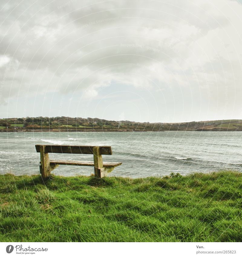 Meeresrauschen lauschen Landschaft Wasser Himmel Wolken Pflanze Gras Hügel Wellen Küste Bucht Atlantik Republik Irland Holz grün ruhig Freiheit abgelegen Bank