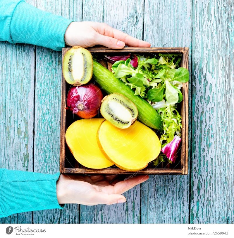 Sortiment von frischem Obst und Gemüse Lebensmittel Hand Frucht Gesundheit Diät grün Vegetarier Salatgurke Ernte Mango natürlich Vitamin reif Essen roh Markt