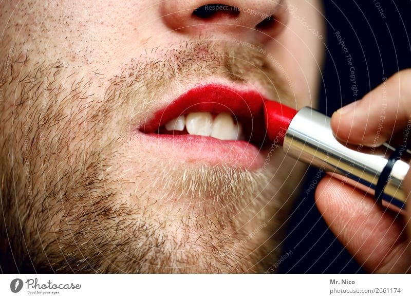Überraschung | coming out Körperpflege Lippenstift maskulin Mund Zähne Bart 1 Mensch außergewöhnlich trendy rot Kosmetik feminin Homosexualität rebellisch