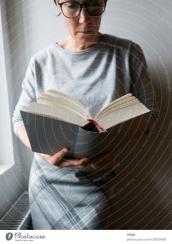 Lesen Farbfoto grau Frau Erwachsene Brille Rock Pullover seriös lesen Buch schwer Bildung interessant Erwachsenenbildung lernen Mensch Spießer frontal