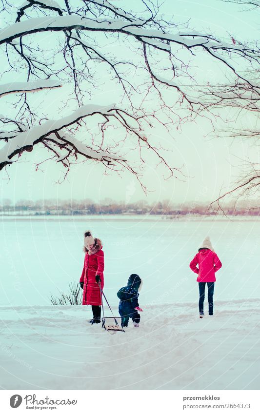 Familie, Mutter und zwei Töchter, verbringen Zeit zusammen zu Fuß im Freien im Winter. Frau zieht Schlitten mit ihrer kleinen Tochter, ein paar Jahre altes Mädchen, durch den Wald von Schnee bedeckt, während Schnee fällt, genießen Winterzeit. Die Mutter trägt rote Winter