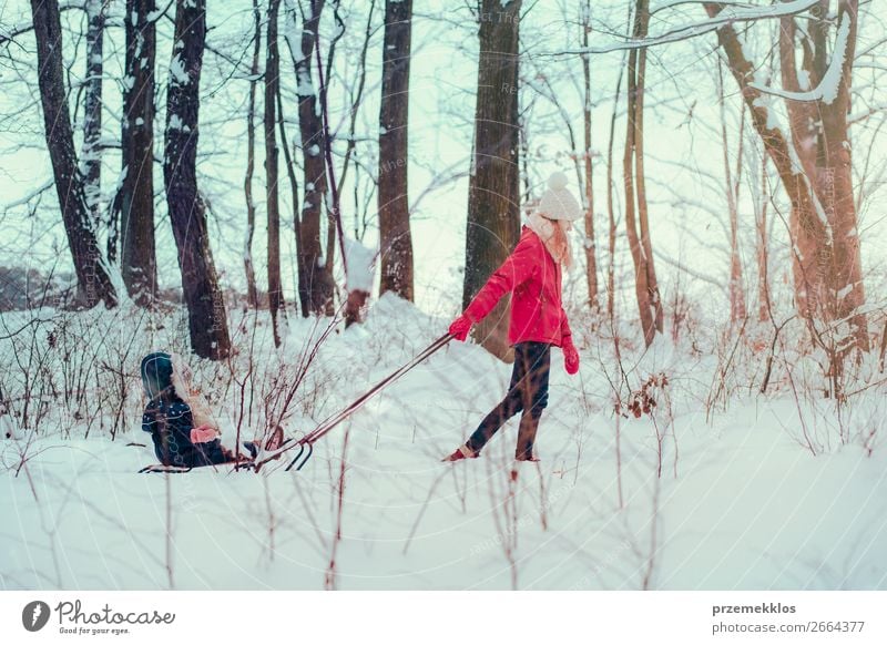 Teenagermädchen zieht mit ihrer kleinen Schwester Schlitten durch den Wald. Lifestyle Freude Glück Winter Schnee Winterurlaub Mensch Kind Kleinkind Mädchen
