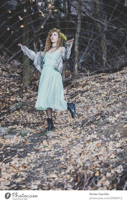 Eine junge Frau spielt mit Blättern im Wald. Lifestyle elegant Stil Design exotisch Freude schön Leben harmonisch Wohlgefühl Mensch feminin Junge Frau