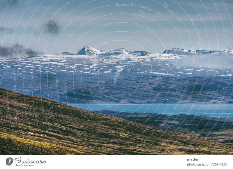 Am Fjord Landschaft Wasser Himmel Wolken Horizont Frühling Schönes Wetter Schnee Moos Felsen Berge u. Gebirge Gipfel Schneebedeckte Gipfel Küste Meer gigantisch