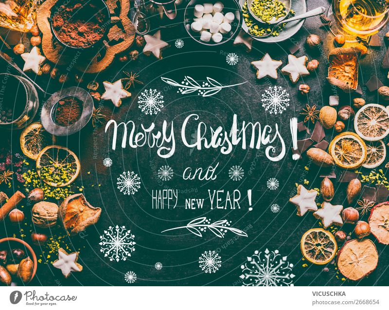 Merry Christmas Weihnachtskarte mit Süßes Lebensmittel Süßwaren Schokolade Ernährung Festessen Geschirr kaufen Stil Design Winter Häusliches Leben