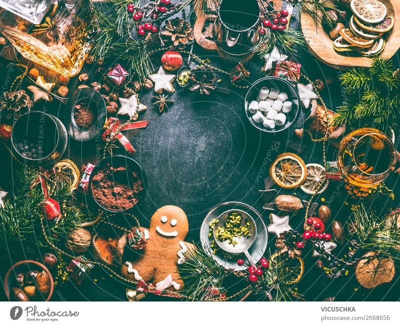 Weihnachten Hintergrund Rahmen mit Plätzchen und Lebkuchen Lebensmittel Dessert Süßwaren Schokolade Kräuter & Gewürze Ernährung Festessen Kakao Spirituosen