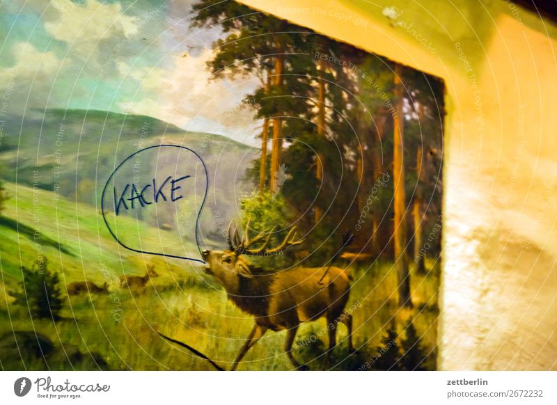 Der Hirsch sagt "Kacke". Hirsche Tier Wildtier Wald Waldrand Landschaft röhrender hirsch Brunft schreien Bild Kitsch Gemälde malerisch gemalt Wand